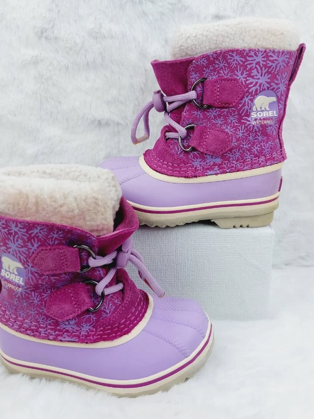 Sorel Girl's Pink Purple Youth Waterproof Ankle Faux Fur Winter Snow Boots Sz 9